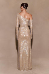 Marcia Diamante Long Sleeve Maxi Dress - Nude